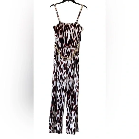 Bold Element Brown and Black Leopard Print Sleeveless Jumpsuit Chain Belt - Picture 2 of 16